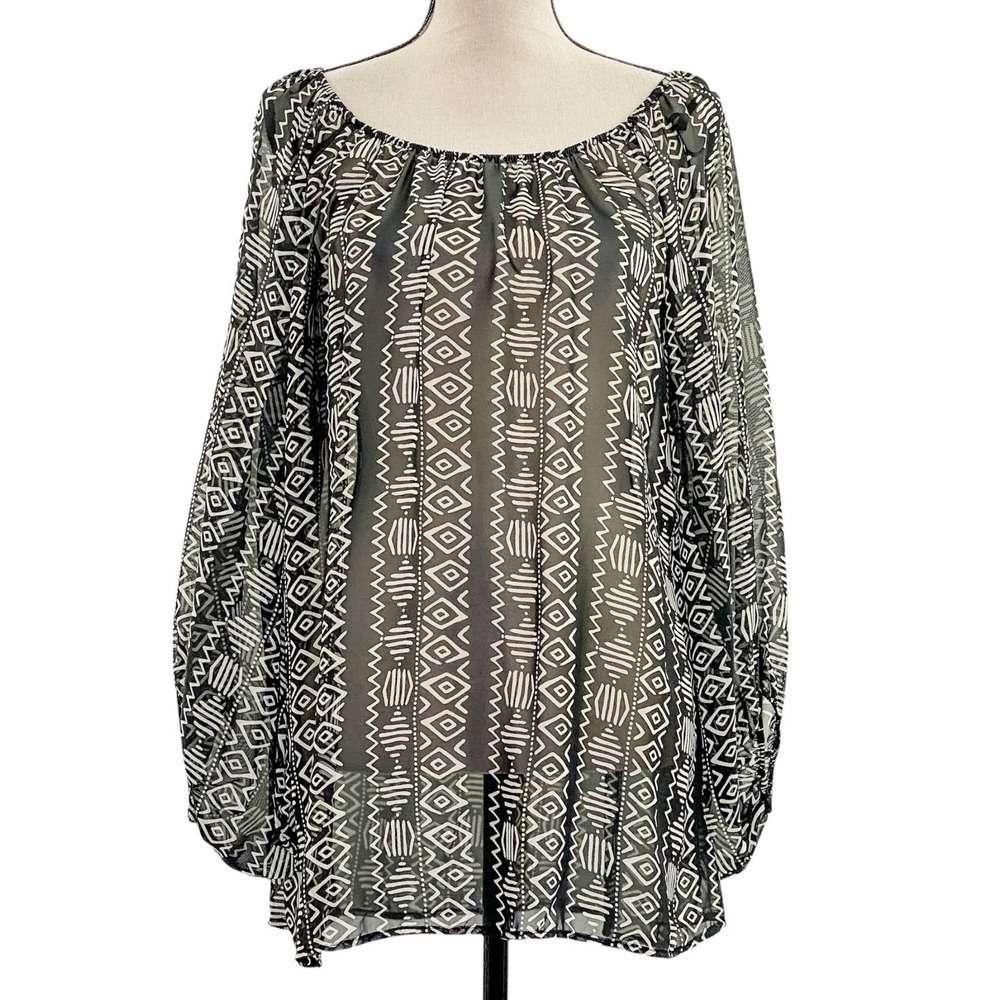 SHEER Black & White Aztec Print Puff Sleeve Top